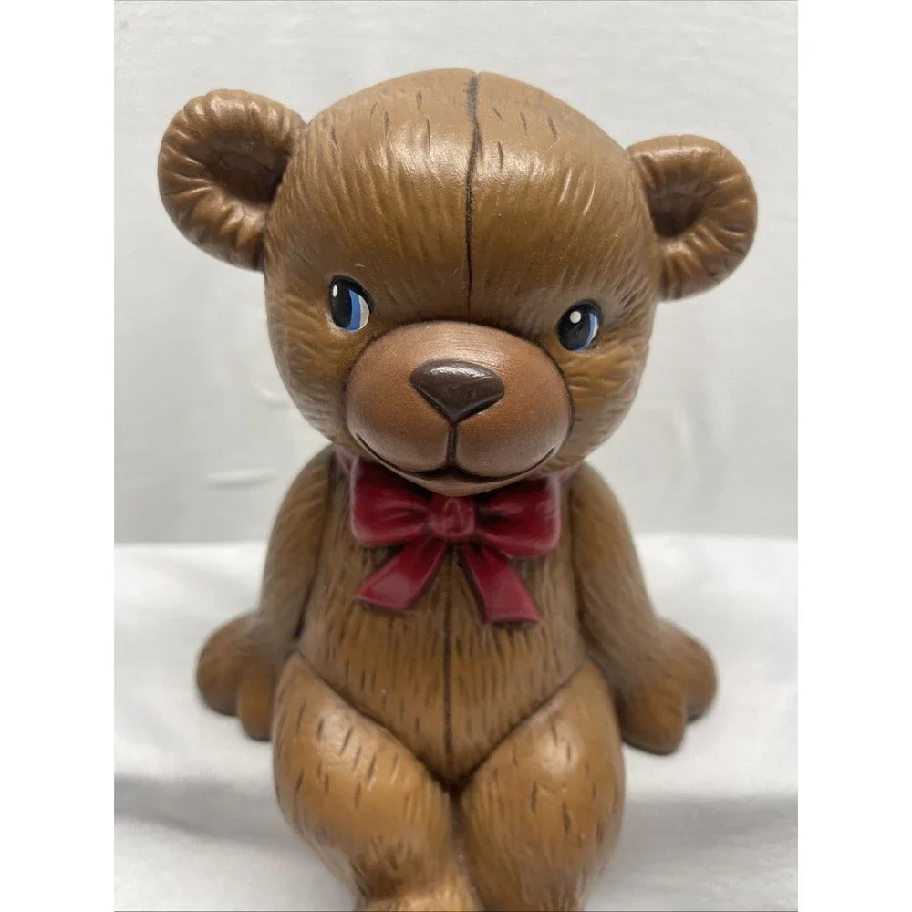 Vintage 1980's BROWN TEDDY BEAR RED BOW Shelf Sitter 8” Tall Child’s Room Decor